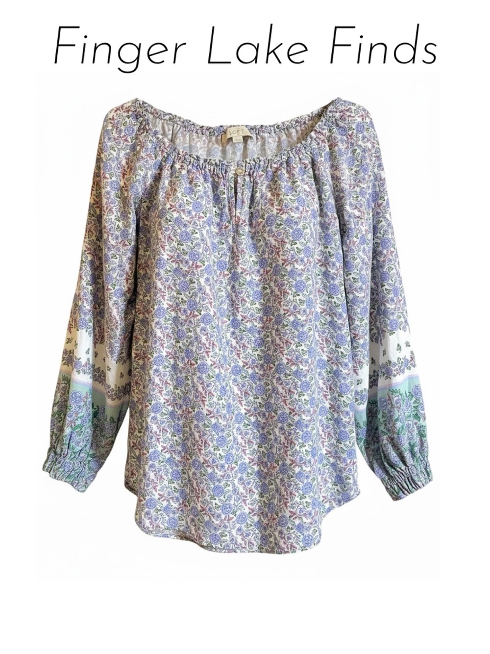 LOFT Floral Peasant Blouse in Blue, Lavender, and Green, M